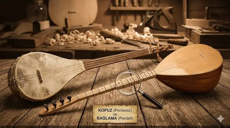 Kopuz ve bağlama arasındaki temel farklar: Perdesiz kadim form ile perdelerin sapa bağlandığı modern formun karşılaştırması.